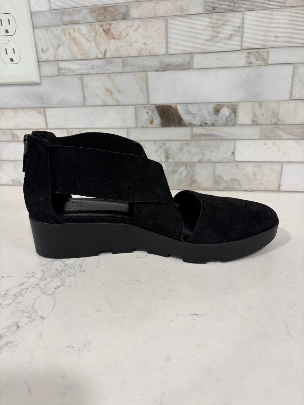 Eileen Fisher Black Suede Closed Toe Chunky Low Heel Sandal with Back Zip Size 8
